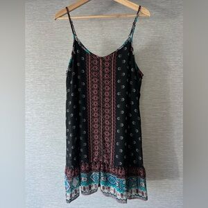 American Rag Black Mini Dress with Teal and Pink Geometric Print Bohemian Vibe
